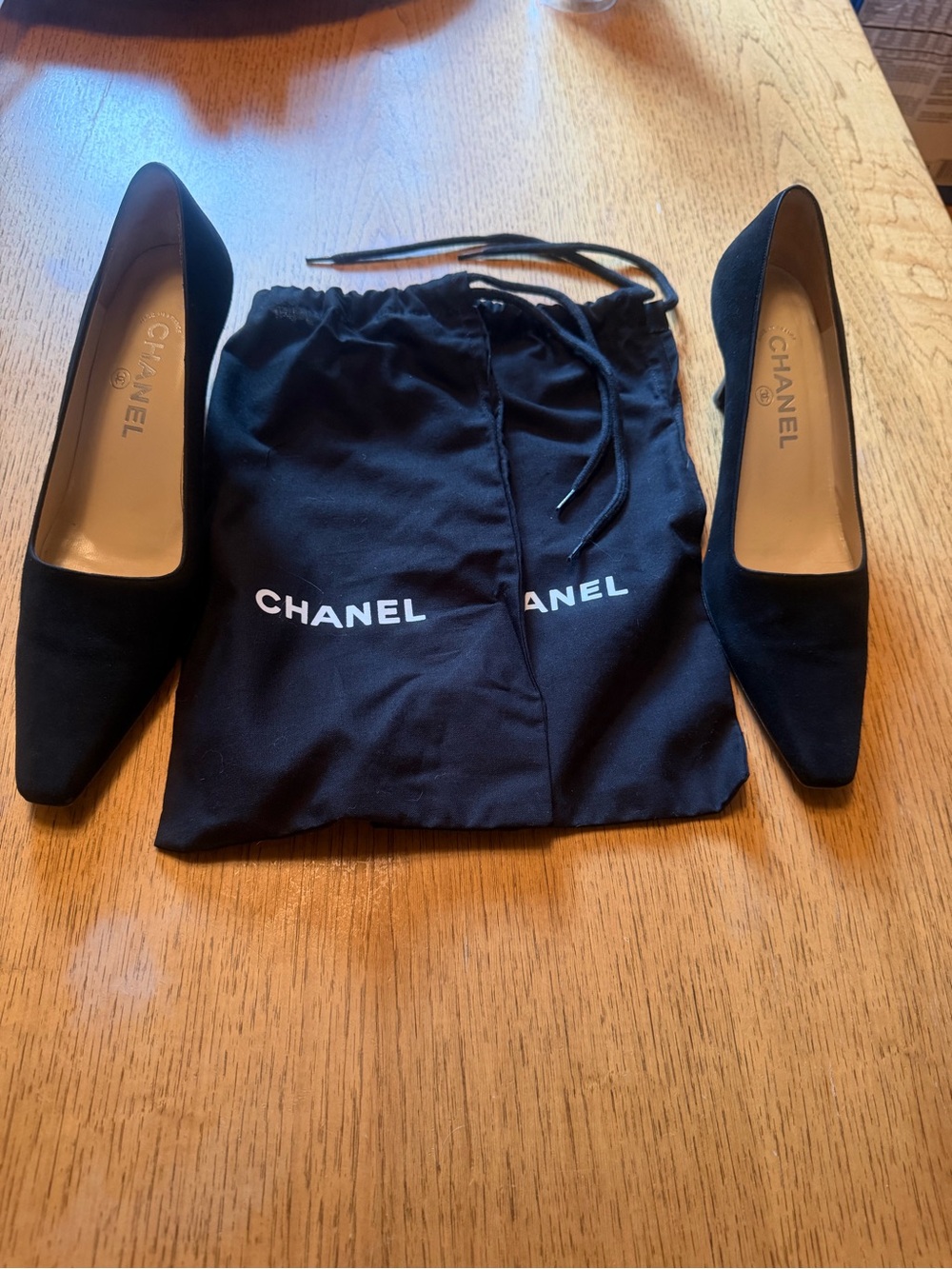 CHANEL Black Suede Pointed Toe Pumps with Drawstring Dust Bag & Box 2.2” Heel 👠